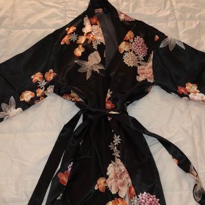 Black Satin/ Floral Robe with Kimono sleeves